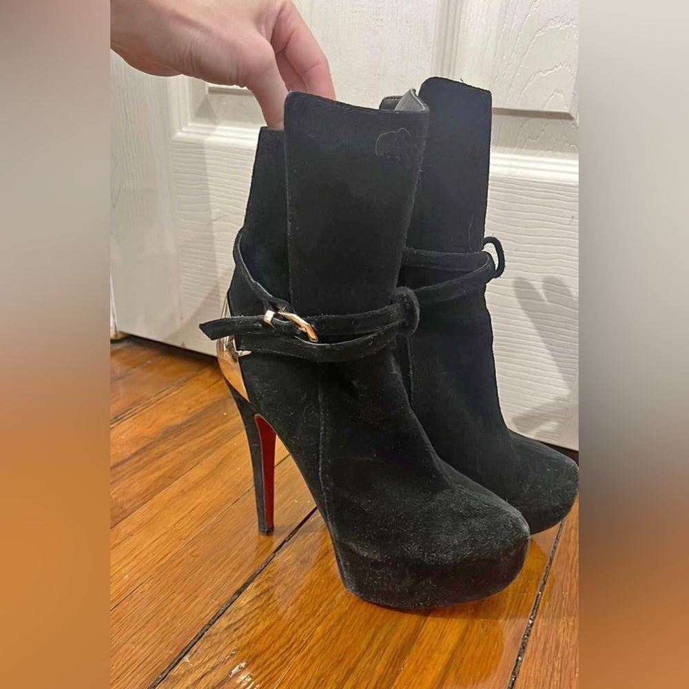 SEND OFFER Christian Louboutin Black Suede Equestrian Boot with Gold Size 6
